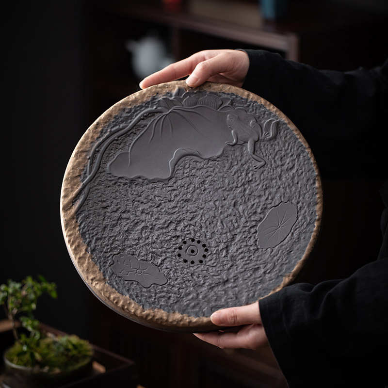 Stone pottery gilt water storage tea tray ceramic household dry brewing tea table Kung Fu tea set Tea sea drainage tray round pot bearing