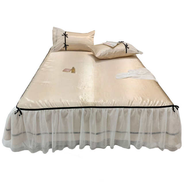 Fairy temperament ice silk mat three-piece set for summer washing and cool bed sheet princess lace edge air conditioning mat
