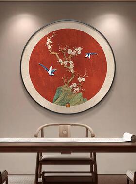 喜上眉梢玄关装饰画新中式饭厅红色喜庆挂画客厅背景墙圆形花鸟画