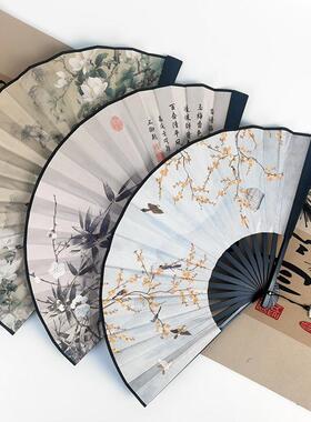 8寸手持跳舞扇子国风款中国风双面绢布流苏水墨画国潮扇古风折扇