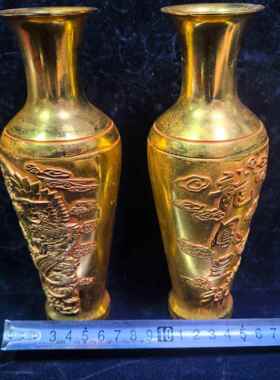 工艺品仿古做旧纯铜鎏金龙凤呈祥花瓶装饰品客厅书房玄关摆件