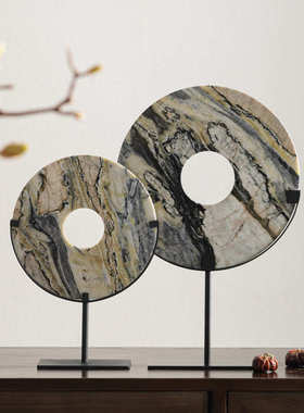 新中式轻奢高级感大理石平安扣摆件办公室样板间酒店展厅玄关装饰