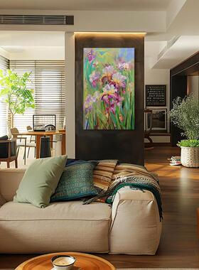 欧式紫色鸢尾花纯手绘油画绿植卧室装饰画迎门墙客厅入户玄关挂画