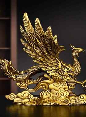 高档纯黄铜凤摆瑞兽展翅火凤凰呈祥家居客厅办室公工艺凰装件饰品