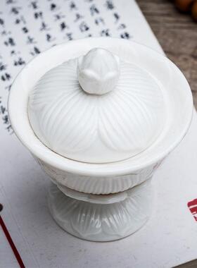 白瓷高脚莲花供杯 佛前陶瓷圣水杯供佛杯观音净水杯供奉杯具