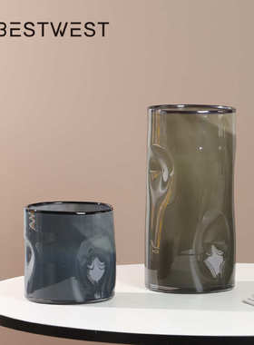 博西家居 现代简约茶绿色直筒玻璃花瓶 家居轻奢高级感插干花摆件