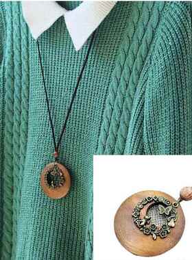 外贸新款木质合金复古皮绳毛衣链棉麻服饰挂件长款女项链