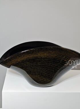 现代琉璃金箔条纹黑色果盘摆件家居样板房客厅餐厅家具展厅软装饰