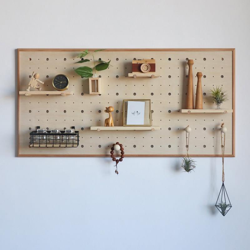 Wooden hole panel Nordic interior wall decoration porch wall hanging rack custom partition storage display rack