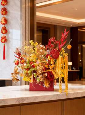 公司前台店铺新年装饰福桶桌面花艺摆件春节门店氛围布置拍照道具
