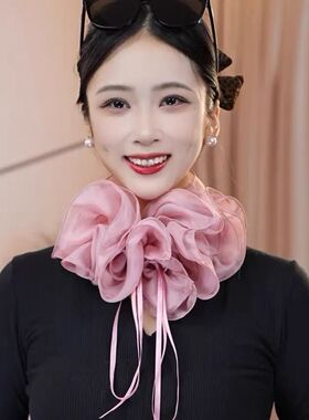 花苞围巾假领子网纱围脖护颈舞蹈百搭气质装饰纯色荷叶边女士丝巾
