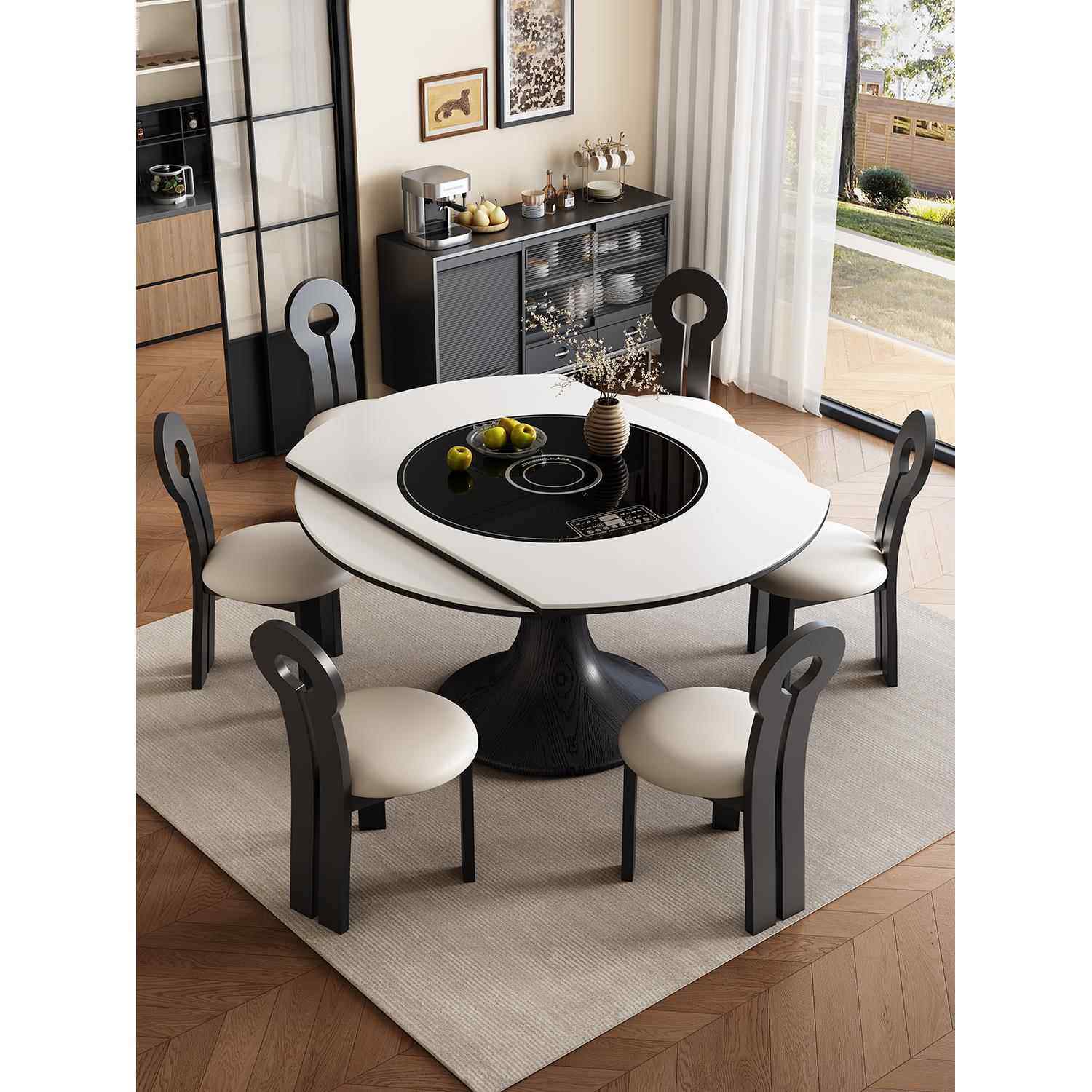 高端实木岩板伸缩折叠内嵌电磁炉餐桌椅家用小户型方圆两用大圆桌,淘宝优惠券,粉丝福利购,淘宝优惠卷