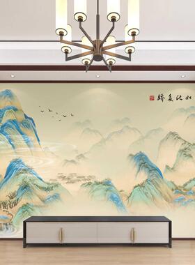 千里江山图电视背景墙布定制中式山水壁画宋氏美学客厅影视壁纸