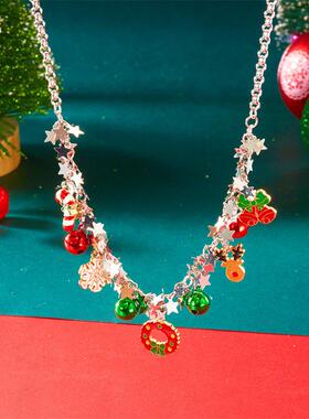 欧美跨境新款圣诞项链夸张设计圣诞树花环雪花彩色铃铛星星项链女