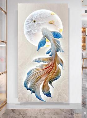 砂岩立体浮雕锦鲤图客厅玄关走廊过道装饰画3d入户带灯高级感挂画