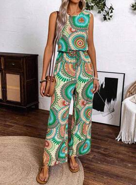 Women'S Bohemian Vintage Print Jumpsuit, Sleeveless High