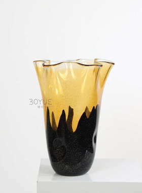 现代简约创意黑色茶色拼接大口径花瓣口手工琉璃花瓶家居软装摆件