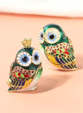 猫头鹰小摆件七宝烧工艺品办公室工位桌面可爱珐琅彩绘首饰盒
