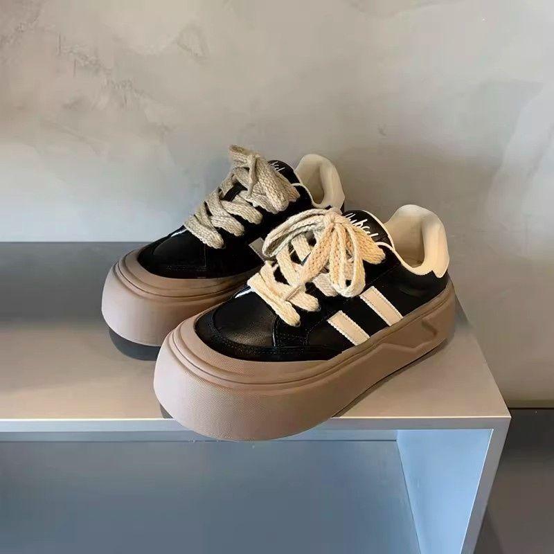 德训鞋女2025新款百搭厚底松糕鞋休闲鞋圆头丑萌鞋学生低帮板鞋子 - 图0