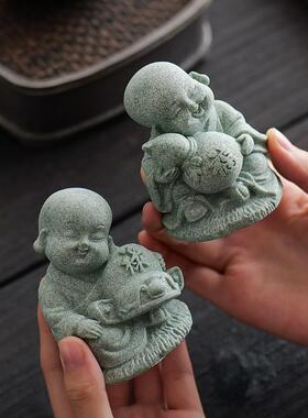 青砂石福禄寿小和尚沙弥茶宠摆件家居客厅博古架桌面工艺品装饰品