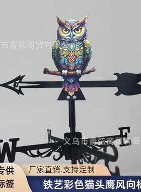 金属花园猫头鹰庭院猫头鹰户外风向标装饰标旋转艺指示彩色铁