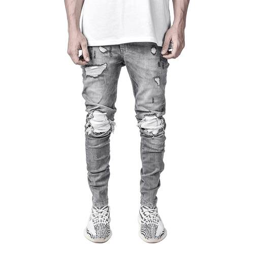 Men's Elastic Long Pants Ripped Knee Patches Fashion Slim - 图1