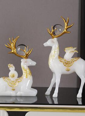 新中式办公室装饰金色百财鹿摆件新宅乔迁送礼招财好物桌面工艺礼