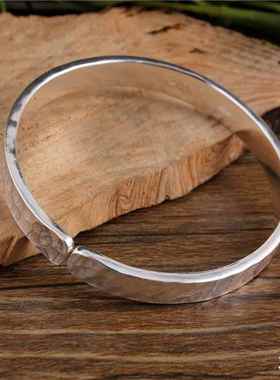 正品足锤银锤打纹纯手工敲定制9精致子99纯银男女情侣款银手镯磨