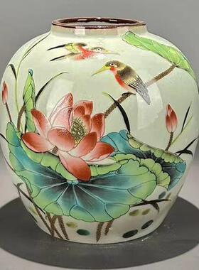 彷古玩清代光绪年制粉彩花瓶豆青釉紫边坛茶叶罐家居装饰品收藏