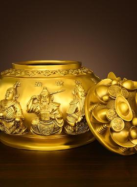 纯黄铜开盖聚宝盆摆件大五路财神带盖金蟾存钱罐家居店铺公司开业