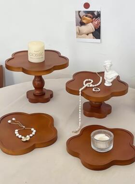 覆古玄关置物架木质装饰摆件香薰蜡烛托盘甜点盘花朵式实木收纳盘