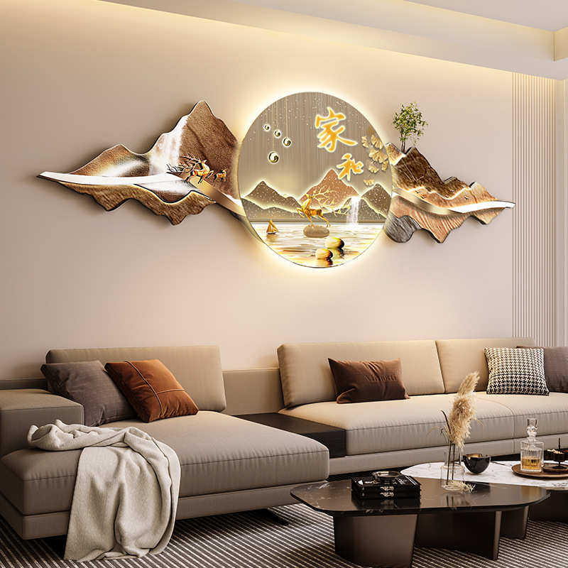 新中式客厅装饰画LED灯横幅沙发背景墙吉祥寓意金山水复古挂画,淘宝优惠券,粉丝福利购,淘宝优惠卷