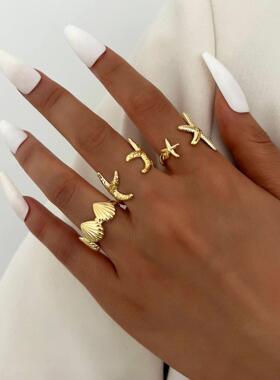 3-piece ring set跨境欧美新款沙滩风休闲 海星贝壳开 口戒指3件