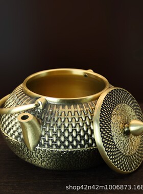 黄铜提梁编织茶壶水壶办公室茶桌茶具装饰摆件工艺品