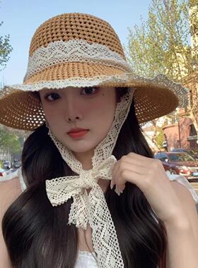 Lace trim tie-up straw hat, woven hat for women, sun protect