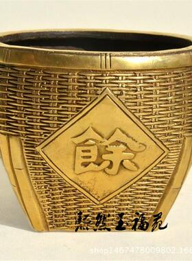 纯铜摆件粮食篓 铜器年年有余储物筐风水装饰工艺品摆件