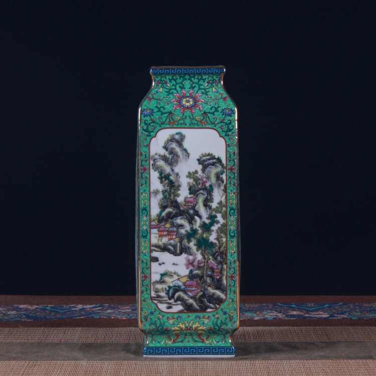 仿古四方瓶陶瓷插花摆件复古新中式珐琅彩花瓶粉彩山水客厅摆件,淘宝优惠券,粉丝福利购,淘宝优惠卷