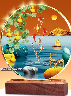 荷花鲤鱼图水晶摆饰装饰画 画招财年年有余 余九鱼图新中式锦鲤桌