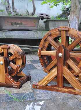 桌面风水轮摆件水车假山流水防腐木制鱼池公司户外风车天然装饰