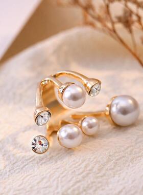 韩版设计感镶钻几何夸张大珍珠不规则开口戒指食指戒 冷淡风女
