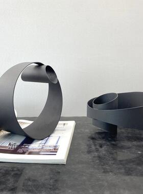 现代简约黑白色金属圆环形摆件创意不倒翁样板间客厅玄关软装饰品