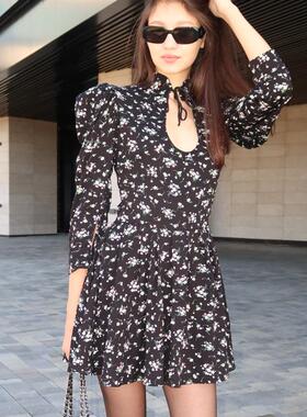Women's floral short dress with stand up collar and tie up