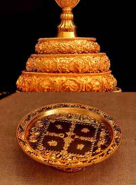 铜镀金尼泊尔曼扎盘（小号）四加行/供曼茶罗/带托盘