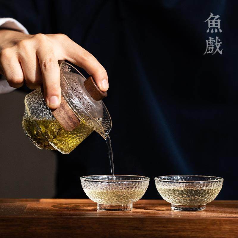High-end fish glass bubble cup, portable travel tea set, one pot, two tall cups, quick cup, temperature-resistant tea cup, Kung Fu tea set