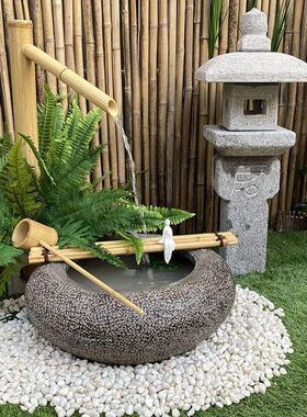 日式石钵水钵石盆石灯笼禅意庭院景观枯山水水景惊鹿竹子流水摆件