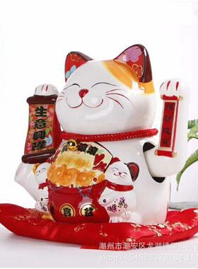 寸揺手陶瓷礼品招财猫工艺招财猫办公桌前台开业送礼摆件