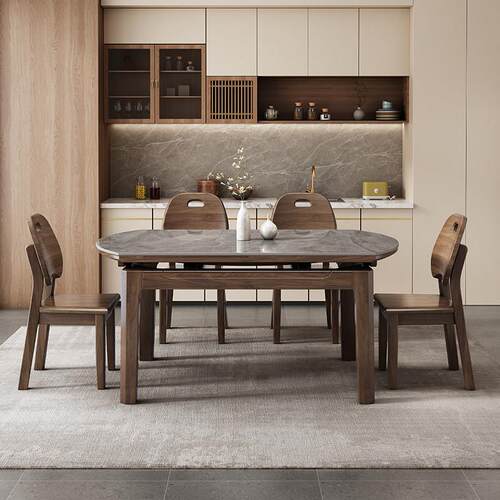 北美胡桃木岩板实木餐桌家用小户型可伸缩折叠现代简约可变圆桌 - 图2