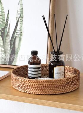 秋藤编织彩色贝壳贴片收纳盘装饰置物圆盘杂物收纳筐桌面收纳复古