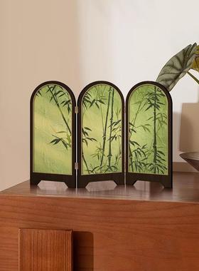 竹报平安中古风屏风桌面摆件复古玄关柜茶桌装饰品艺术客厅摆画