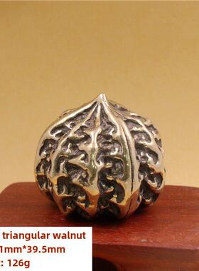 实心古董核桃柄件，一对纯黄铜狮子头官员帽子核桃玩饰品抱球